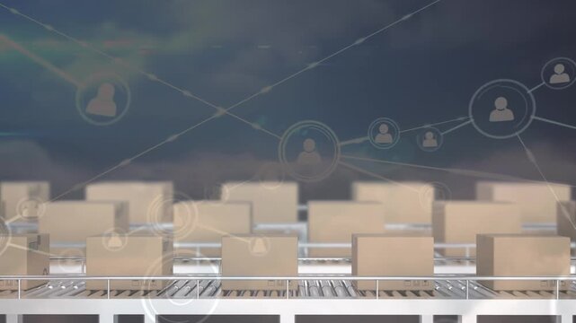 Animation of network of connections and clouds over boxes on conveyor belt
