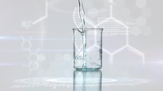 Animation of dna strand and data processing over beaker with liquid