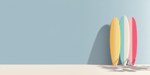 Fototapeta premium Three colorful surfboards lined up against a pastel blue wall with shadows