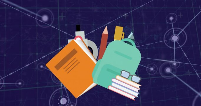 Animation of school concept icons over network of connections against blue background