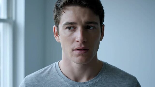 A young man in a gray shirt shows a range of emotions, from confusion and concern to subtle sadness, in a well-lit room with a large window. His expressions change gradually.