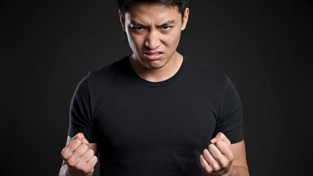 A young man in a black T-shirt displays escalating anger, clenched fists, and increasingly aggressive facial expressions against a dark background, revealing emotional intensity.