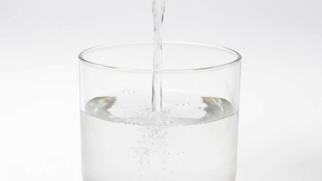 Refreshing stream of pure, crystal-clear water actively being poured into a transparent drinking glass, creating a sparkling visual of essential hydration and cleanliness