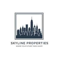Fototapeta premium Modern City Skyline Silhouette in Square Frame Logo for Property Business and Urban Architecture on Isolated White Background