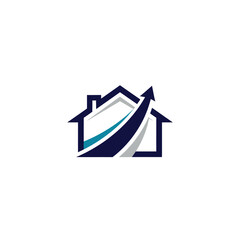 Fototapeta premium Modern House Logo with Dynamic Blue Swoosh Arrow for Property Growth, isolated white background.
