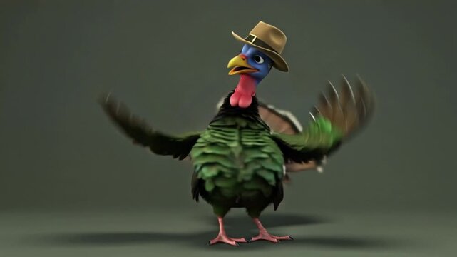 Cute funny turkey bird performing a goofy dance, classic pilgrim hat with golden buckle, joyful Thanksgiving celebration concept, minimal grey background with copy space, cartoon style
