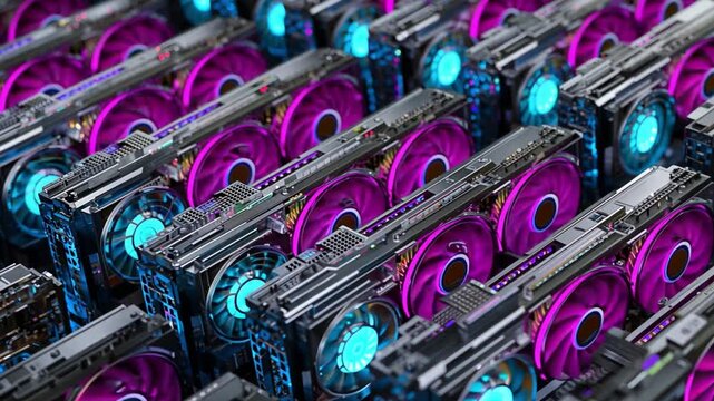 High-Tech Graphics Cards with Colorful Fans for Gaming Setup
