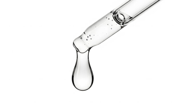 Clear liquid dropping from glass pipette on white background dropper