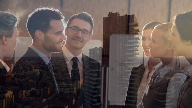 Composite video of diverse businessman and businesswoman shaking hands against tall buildings