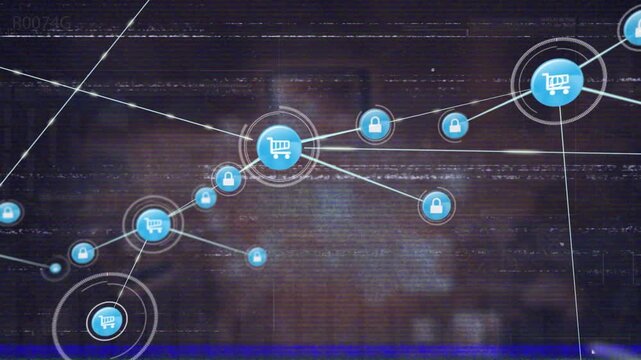 Animation of glitch effect over network of digital icons and data processing against grey background