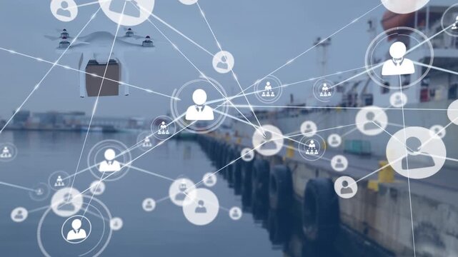 Animation of drone with cardboard box and network of connections with icons over port