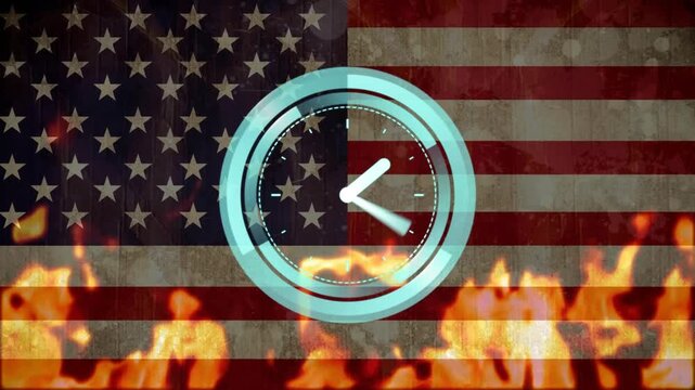 Animation of digital clock over fire flames against national flag of america in background