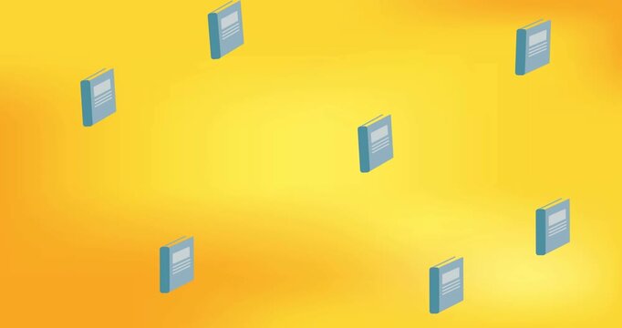 Animation of school book icons in seamless pattern against copy space on yellow gradient background