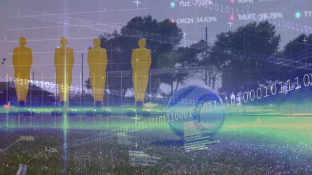 Animation of financial data processing over caucasian football player on pitch