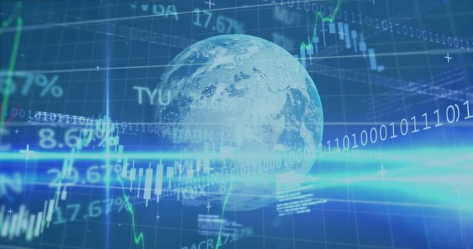 Animation of graphs, trading board over computer language, binary codes against globe in background