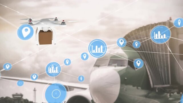 The white drone is carrying a brown box and hovering in an airport