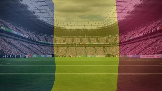 Animation of waving belgium flag against view of a sports stadium