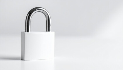 Fototapeta premium White metallic padlock, blurred monochrome white background, minimal modern composition. Security and protection.