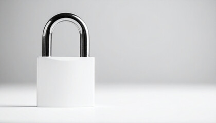Naklejka premium White metallic padlock, blurred monochrome white background, minimal modern composition. Security and protection.