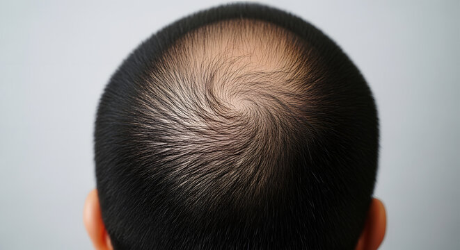 Close up of a man's balding scalp showing thinning hair and a swirl pattern male