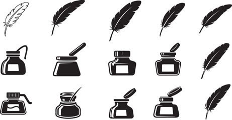 Black and white of quills and inkwells feather writing vintage © icon store