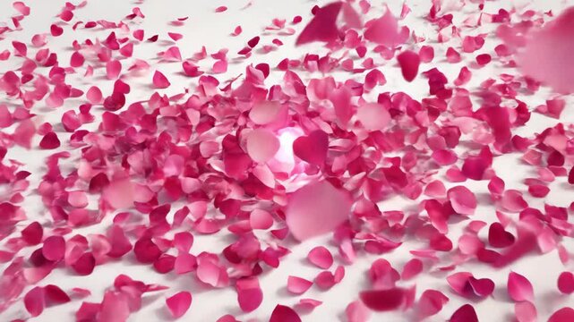 Pink and red heart confetti exploding on clean white background