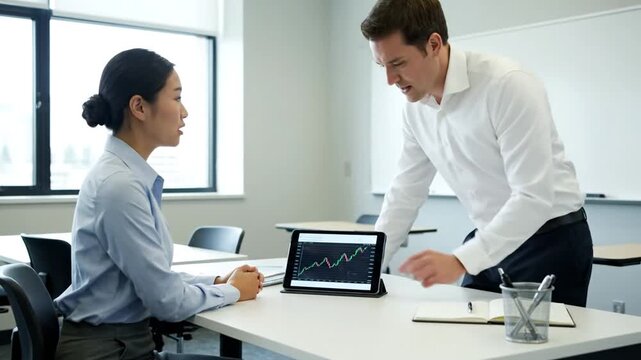 A professional interaction in an office with a man showing data to a woman, discussing charts on a tablet, during daytime, formal attire, modern workspace, collaboration, communication, teamwork, tec