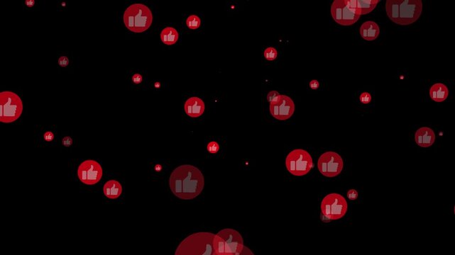 Numerous red thumbs up icons float against a solid black background