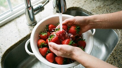 POV of hands washing fresh red strawberries under running water in a white kitchen sink, healthy food prep. © Omishu Makes