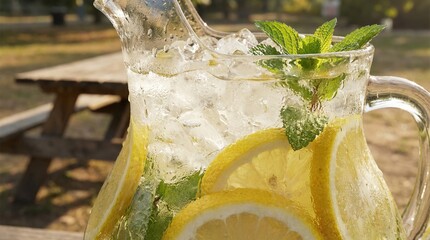 Refreshing glass pitcher full of cold ice water, fresh lemon slices, and green mint leaves, summer drink. © Omishu Makes