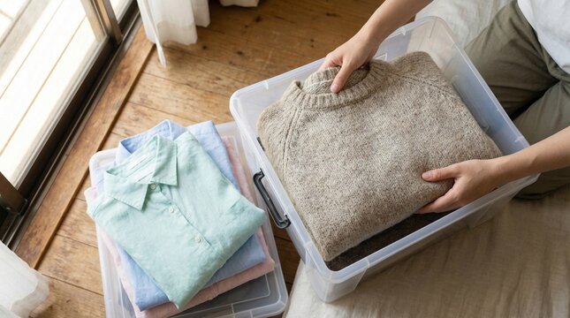 Hands carefully folding heavy winter sweaters into clear plastic storage boxes, spring cleaning and wardrobe transition.