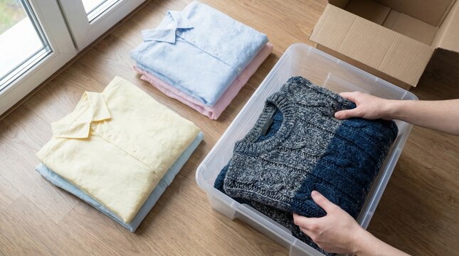 Hands carefully folding heavy winter sweaters into clear plastic storage boxes, spring cleaning and wardrobe transition.