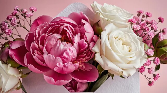 Pink peony and white roses in envelope on pink background
