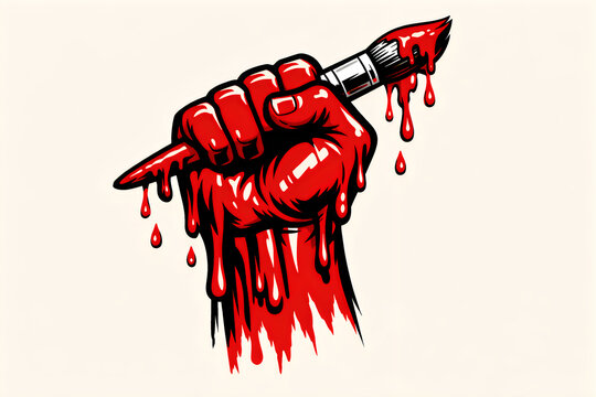 Bloody fist holding paintbrush, red paint dripping
