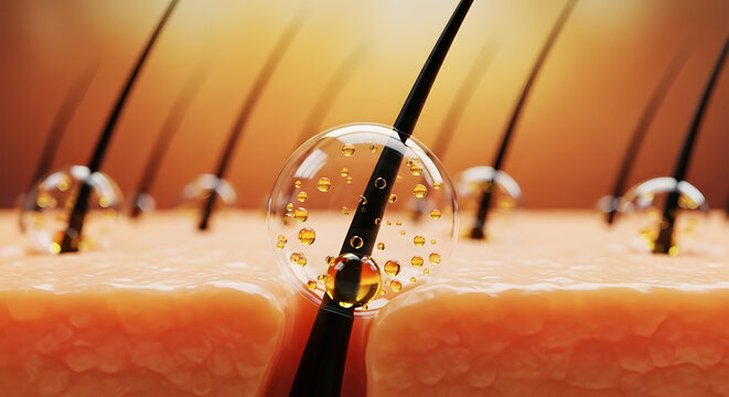 Close up of hair follicle with golden oil bubble and skin texture image