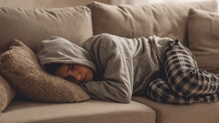 Young person relaxing on beige sofa in cozy home environment while resting