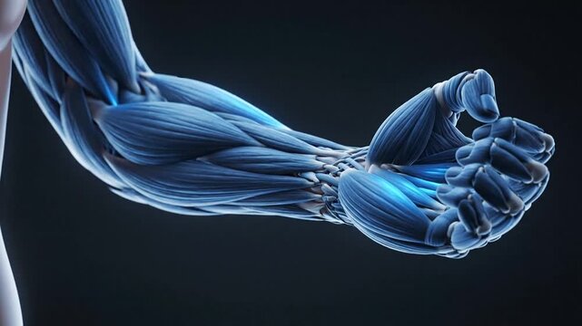 Detailed anatomical illustration of the human arm muscles flexed and extended showing blue toned musculature against a dark gradient background with dramatic lighting