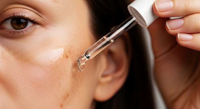 Close up of woman's face with serum dropper applying liquid to skin image