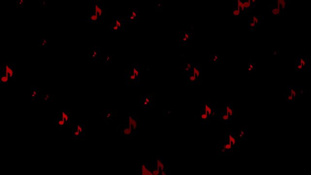 Red musical notes float against a stark black background creating a dynamic scene