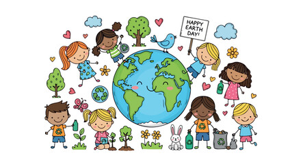 Naklejka premium Illustration of diverse children surrounding the Earth with trees, animals, and eco-friendly symbols on a white background with a colorful and playful mood.