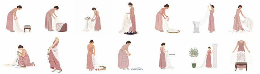 Set of Minimalist Illustrations of Elegant Women in Mauve Dresses Preparing Delicate White Lace Veils and Bridal Accessories for a Wedding Ceremony. © Cristina