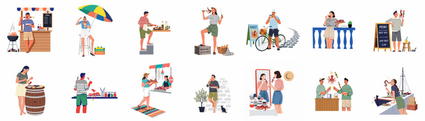 Flat vector illustration set of people enjoying grilled octopus seafood at various coastal and Mediterranean summer locations. © Cristina