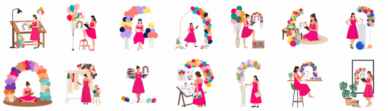 Illustrations of a professional woman event planner and balloon decorator designing creative party decorations, arches, and colorful arrangements in various studio settings.