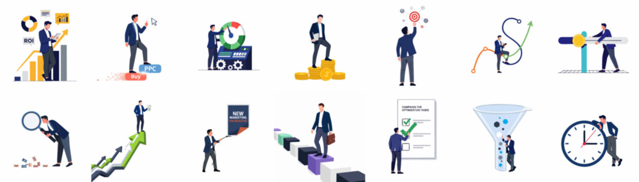 Set of professional business and digital marketing concept illustrations featuring a businessman managing growth, ROI, campaigns, time, and data analysis.