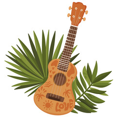 Flat vector illustration of ukulele with tropical palm leaves. Summer beach music element for vacation themes, island travel design, tropical parties and seaside graphics © E_katherinne