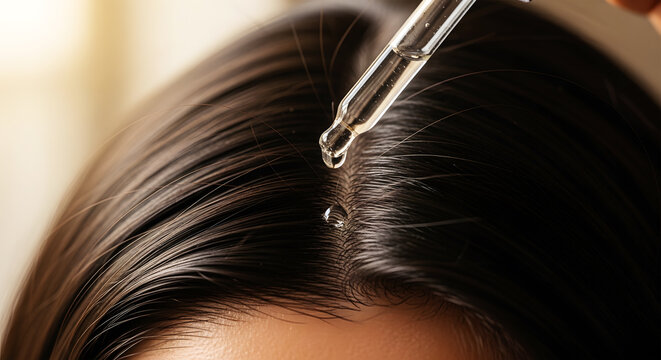 Dropper applying clear liquid serum to dark brown hair scalp closeup image