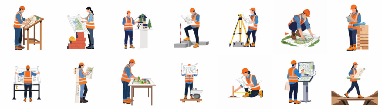 Collection of flat vector illustrations featuring construction workers, engineers, and architects reviewing blueprints and site plans with professional equipment.