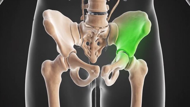 Human Pelvis Anatomy With Highlighted Ilium Bone In Green Against A Dark Transparent Background Showing Skeletal Structure And Joint Detail For Medical Education And Science Visuals