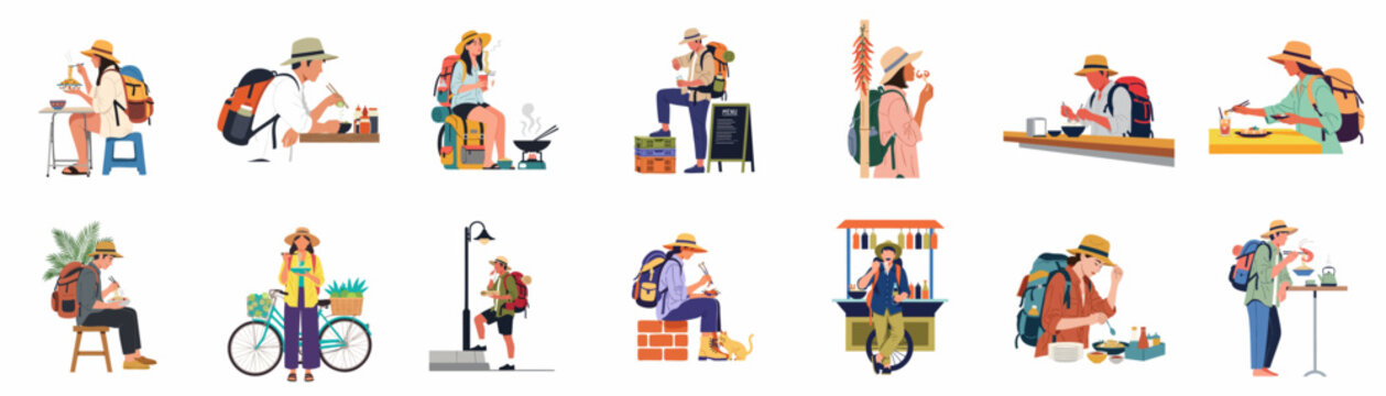 Collection of flat style illustrations of backpackers and travelers enjoying street food, noodles, and local snacks in various travel scenarios.