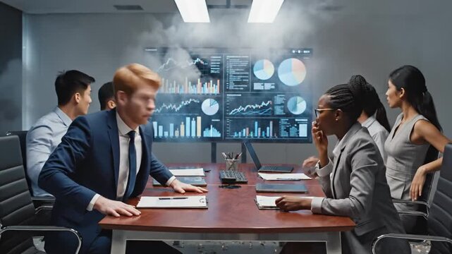 Business people react to data explosion in modern meeting room